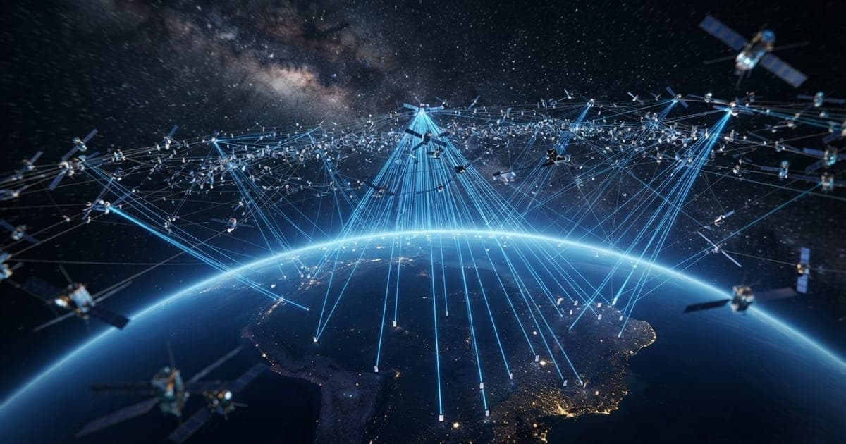 Representação gráfica de uma constelação de satélites orbitando a Terra com feixes de luz conectados a smartphones.