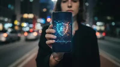 Smartphone Android em uma mão sendo bloqueado por sistema de segurança digital via inteligência artificial
