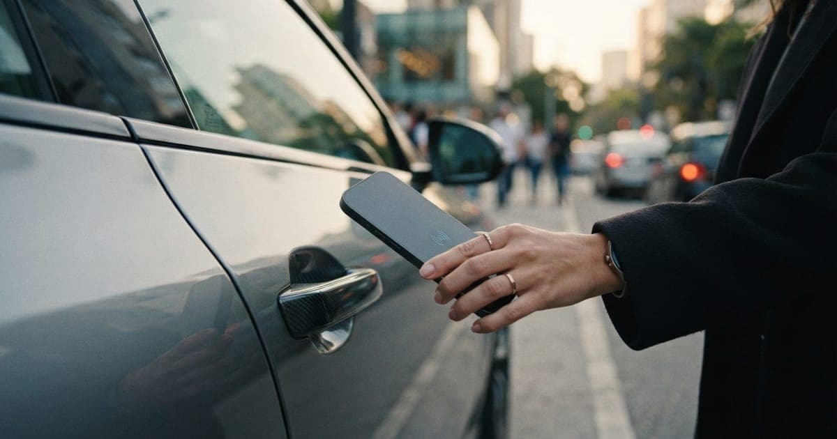 Close em um iPhone aproximando-se da maçaneta de um veículo elétrico moderno para destravar o carro via NFC