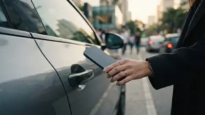 Close em um iPhone aproximando-se da maçaneta de um veículo elétrico moderno para destravar o carro via NFC