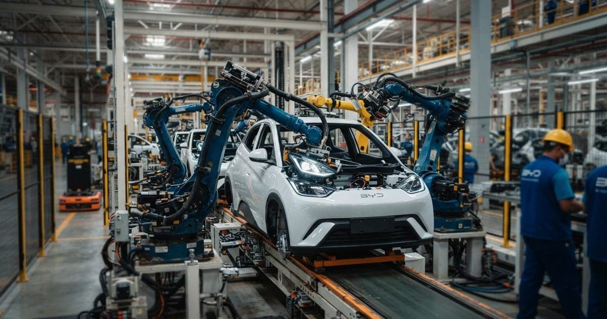 Linha de montagem industrial com robôs automáticos instalando peças em carro elétrico compacto na fábrica da BYD.