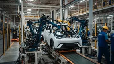 Linha de montagem industrial com robôs automáticos instalando peças em carro elétrico compacto na fábrica da BYD.