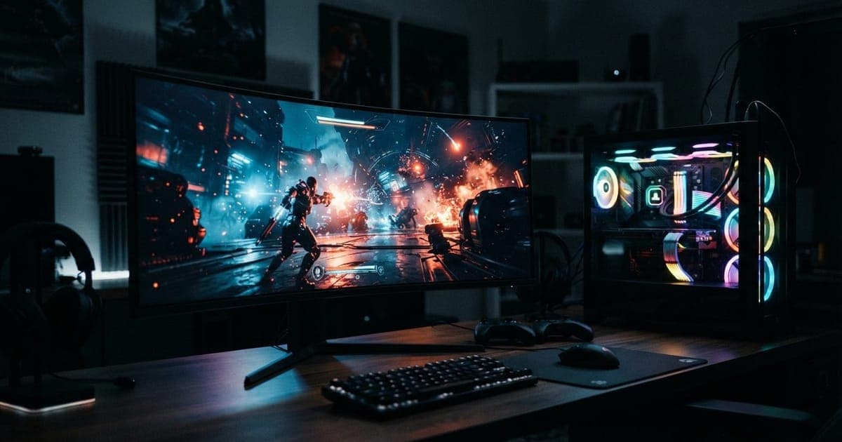 Close em um monitor gamer iluminando um quarto escuro com um PC desktop potente rodando jogo pesado em alta definição