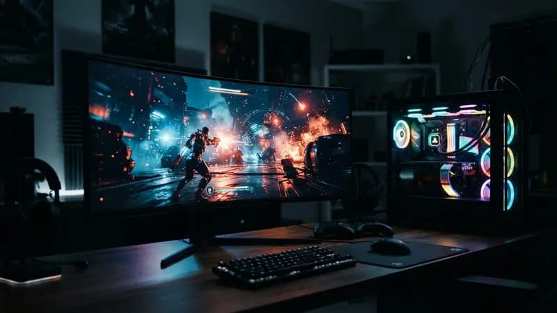 Close em um monitor gamer iluminando um quarto escuro com um PC desktop potente rodando jogo pesado em alta definição