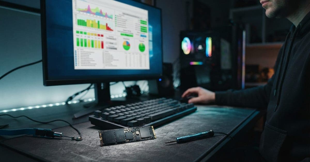 Tela de software CrystalDiskInfo exibindo informações técnicas e saúde de um disco SSD NVMe em computador
