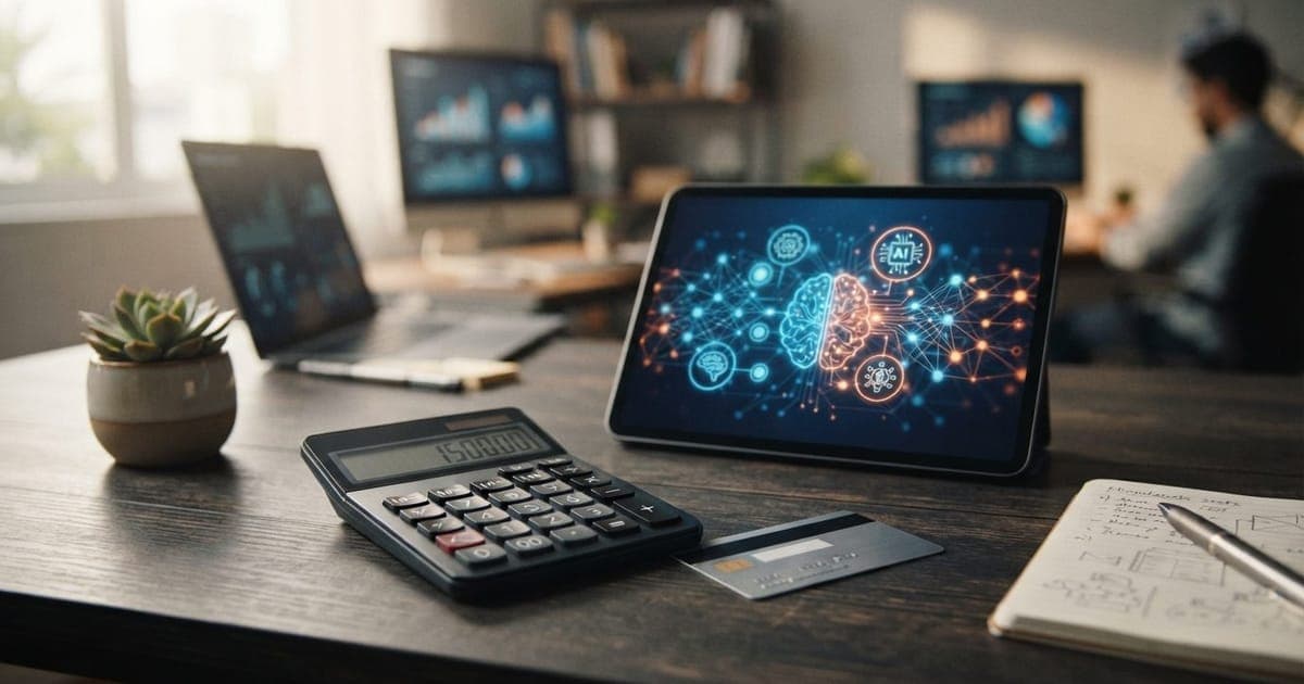 Uma calculadora digital ao lado de um cartão de crédito sobre uma mesa de escritório com um tablet exibindo ícones de IA