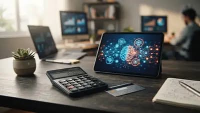 Uma calculadora digital ao lado de um cartão de crédito sobre uma mesa de escritório com um tablet exibindo ícones de IA