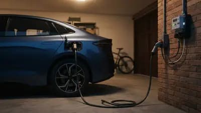 Cabo de carregador portátil conectado a um carro elétrico em garagem residencial com medidor de energia ao lado