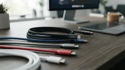Cabos de dados USB-C de diferentes cores e especificações organizados sobre uma mesa de escritório moderna.