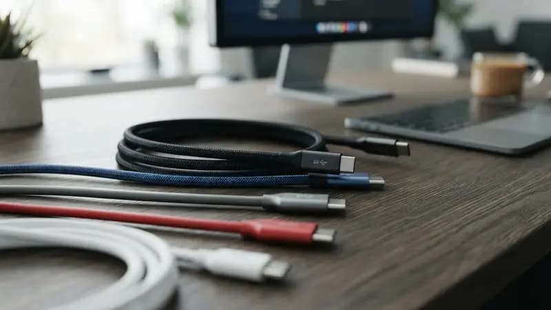 Cabos de dados USB-C de diferentes cores e especificações organizados sobre uma mesa de escritório moderna.