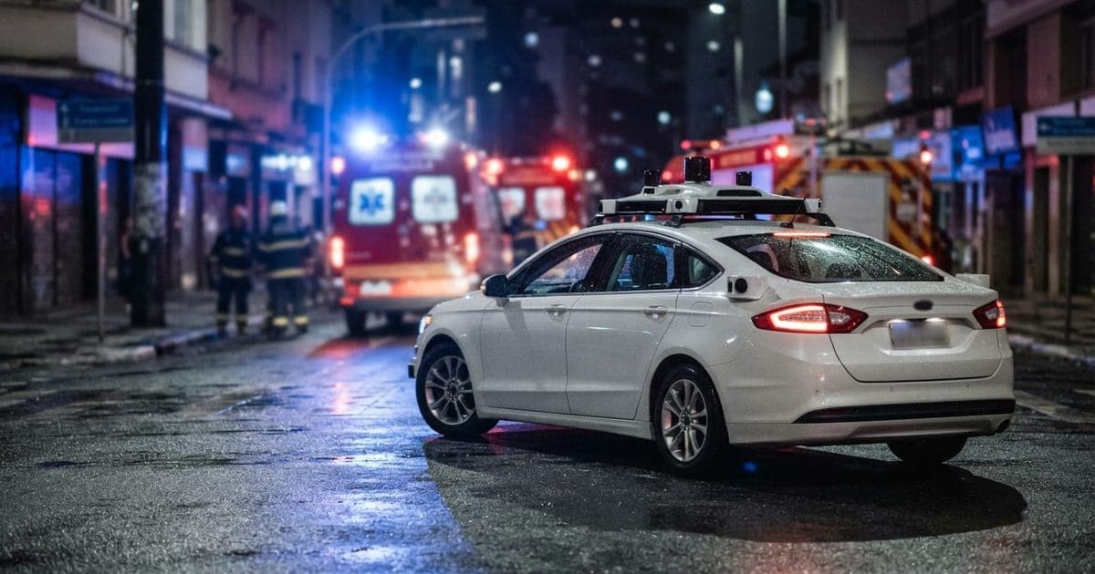 Carro autônomo parado em uma rua urbana com luzes de ambulância e viaturas de bombeiros ao fundo em uma cena noturna