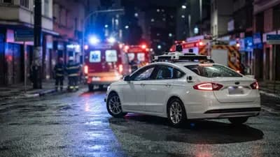 Carro autônomo parado em uma rua urbana com luzes de ambulância e viaturas de bombeiros ao fundo em uma cena noturna