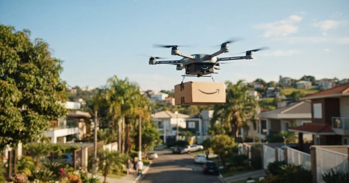 Drone de entrega da Amazon carregando pacote em um cenário suburbano com céu azul ensolarado