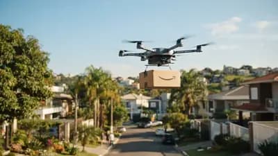 Drone de entrega da Amazon carregando pacote em um cenário suburbano com céu azul ensolarado