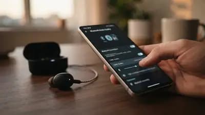 Close em fone de ouvido sem fio conectado via Bluetooth ao smartphone exibindo configurações de áudio no Android.