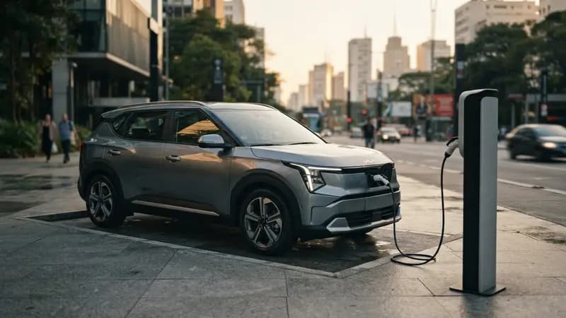 SUV elétrico Kia EV3 com design moderno estacionado em área urbana para demonstração de carregamento veicular