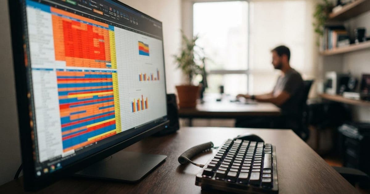 Close em monitor de escritório exibindo planilhas coloridas com cores saturadas ao lado de um teclado mecânico