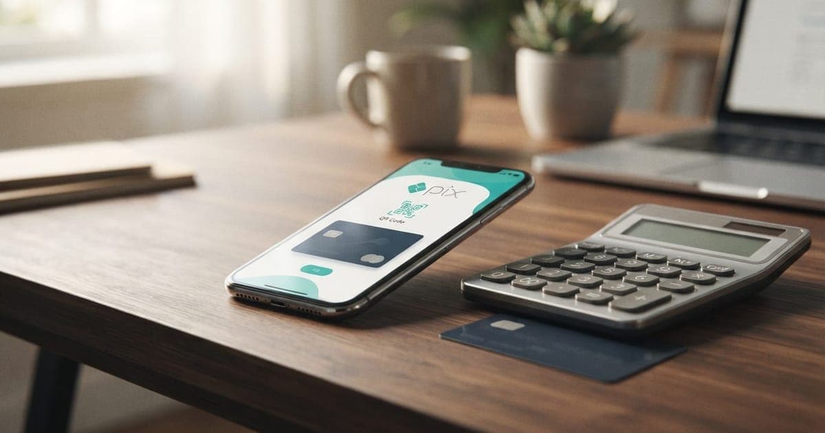 Smartphone exibindo tela de pagamento Pix e cartão de crédito sobre mesa de escritório com calculadora ao lado