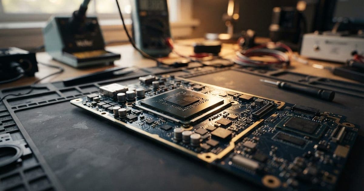 Close-up de placa de circuito impresso de smartphone com processador moderno da Qualcomm em destaque sobre mesa técnica.