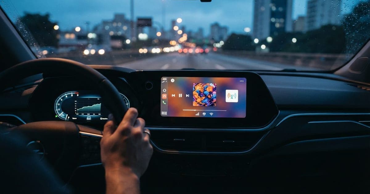 Painel digital de um carro moderno exibindo informações visuais e capa de álbum via tecnologia de Rádio 3.0.