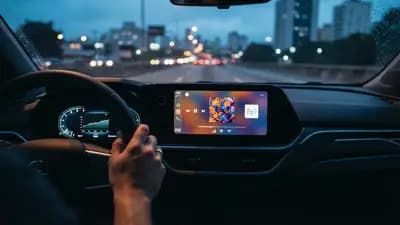 Painel digital de um carro moderno exibindo informações visuais e capa de álbum via tecnologia de Rádio 3.0.