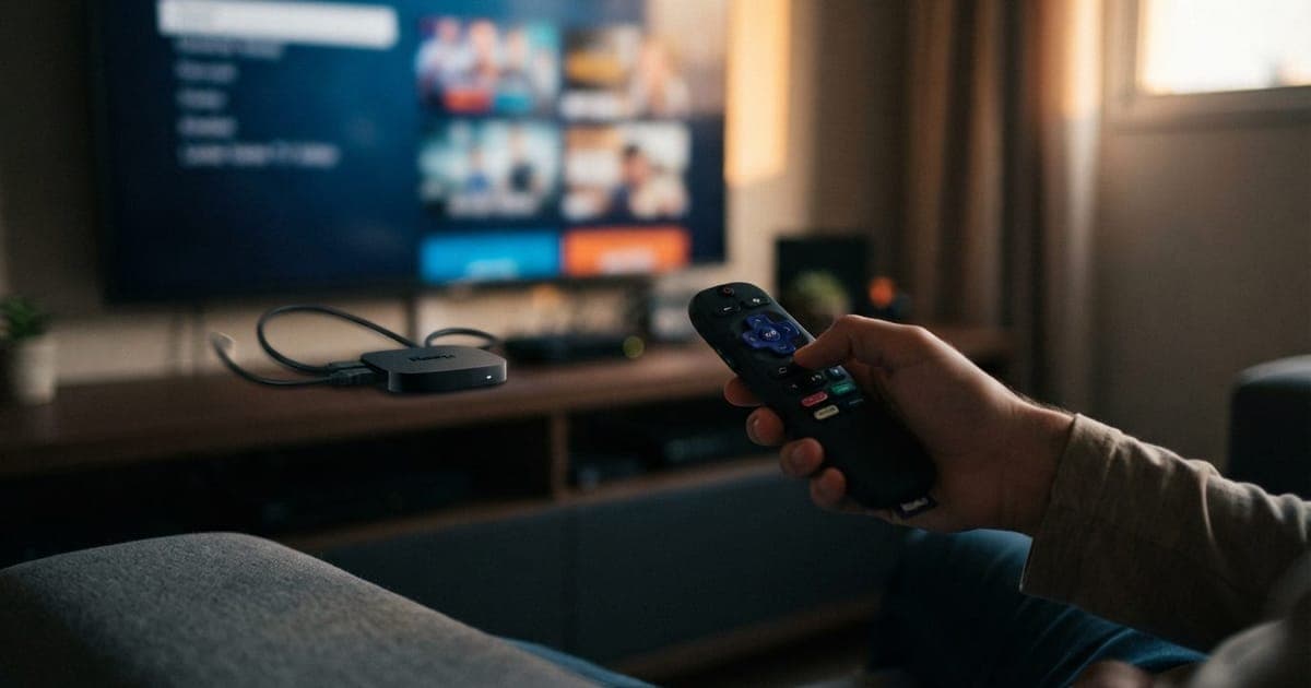 Pessoa segurando um controle remoto de streaming Roku em uma sala de estar com foco em dispositivos conectados na TV
