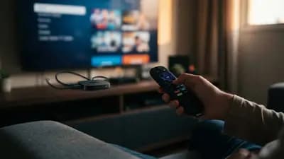 Pessoa segurando um controle remoto de streaming Roku em uma sala de estar com foco em dispositivos conectados na TV