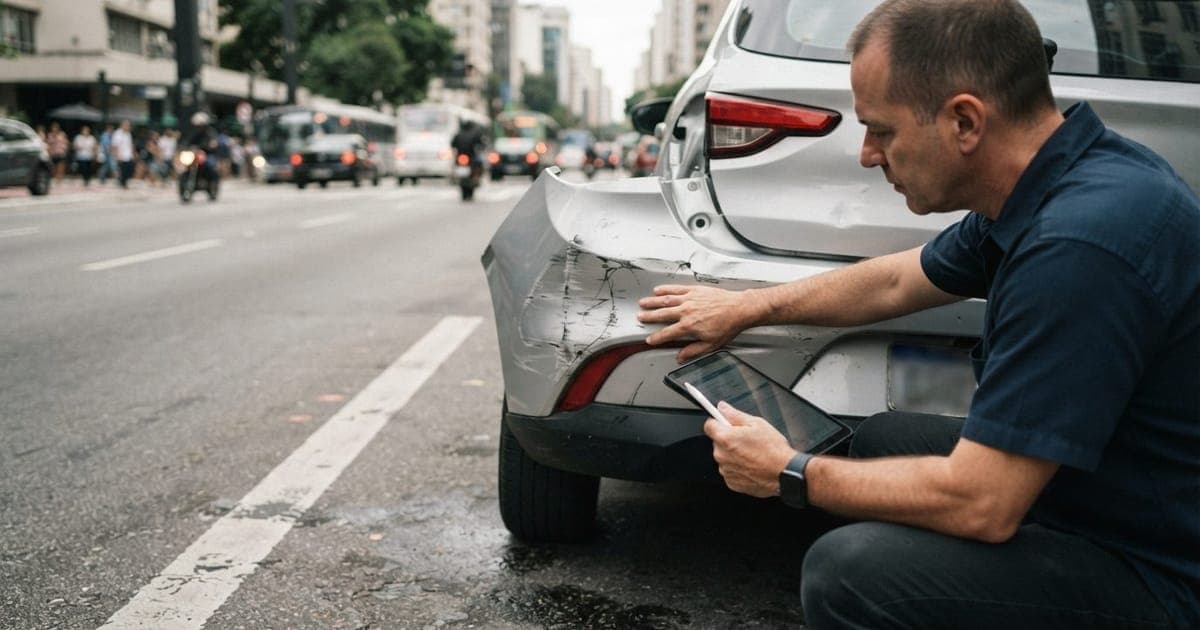 Detalhe de um parachoque de carro danificado em uma via urbana sendo avaliado por um perito de seguros