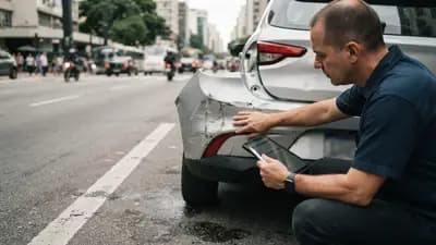 Detalhe de um parachoque de carro danificado em uma via urbana sendo avaliado por um perito de seguros