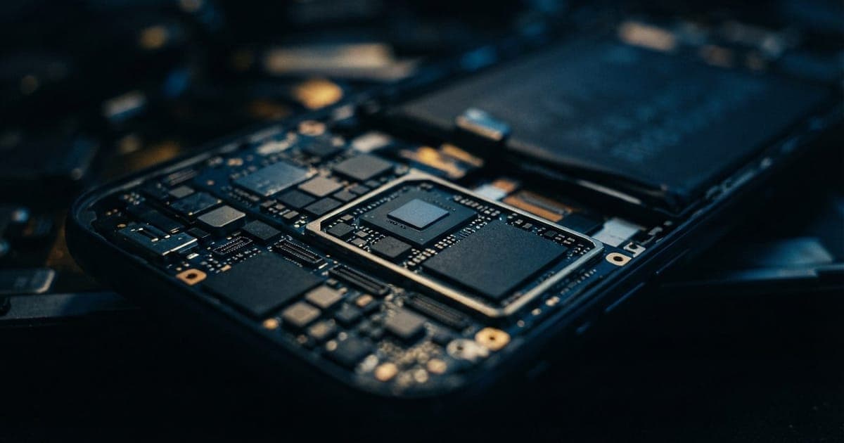 Close em placa lógica de smartphone com chips de processamento e componentes eletrônicos complexos em tom azulado