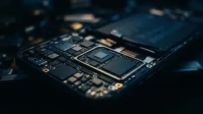 Close em placa lógica de smartphone com chips de processamento e componentes eletrônicos complexos em tom azulado
