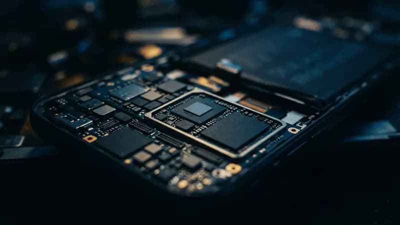 Close em placa lógica de smartphone com chips de processamento e componentes eletrônicos complexos em tom azulado