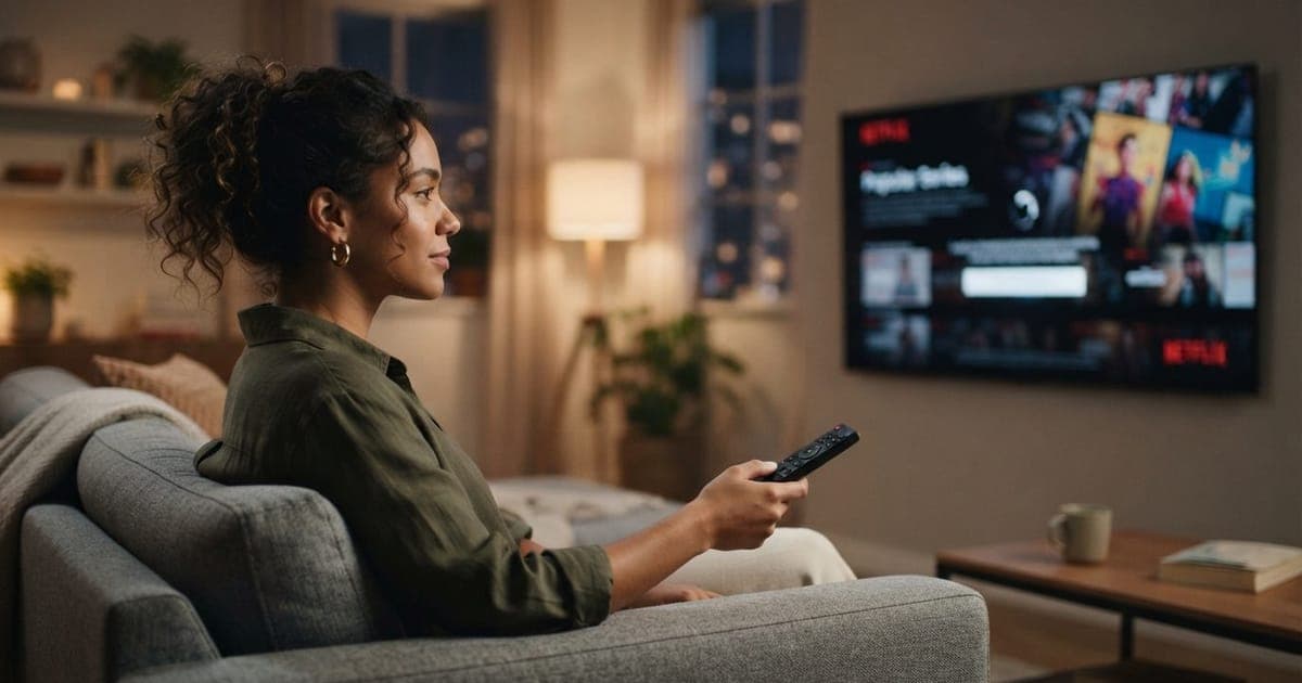 Pessoa sentada no sofá segurando um controle remoto em frente a uma televisão exibindo o aplicativo para teste gratuito da Netflix.