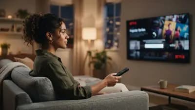 Pessoa sentada no sofá segurando um controle remoto em frente a uma televisão exibindo o aplicativo para teste gratuito da Netflix.