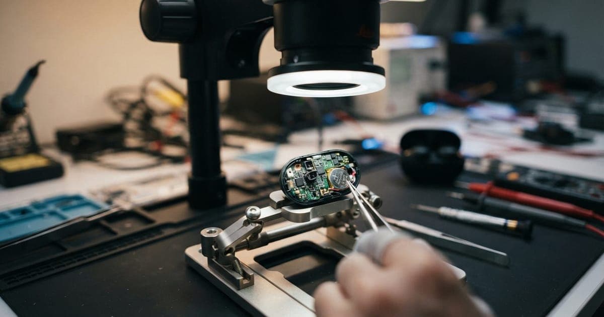 Microscópio sobre fone TWS aberto revelando placa interna e microbateria tipo moeda durante reparo técnico