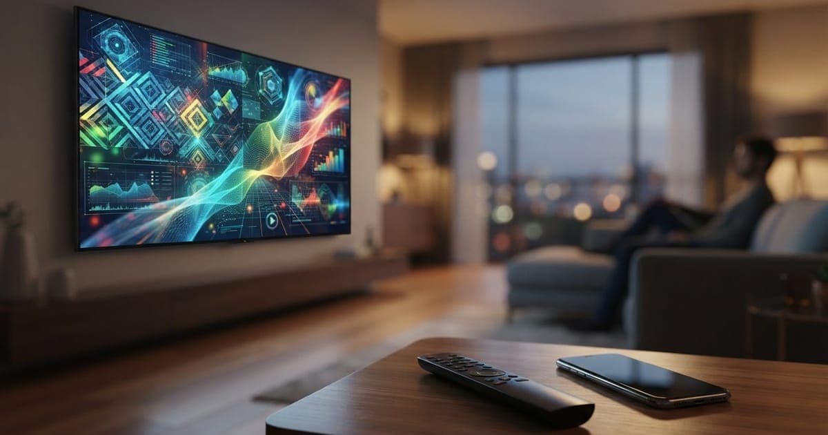 Uma moderna sala de estar iluminada com uma TV de tela grande exibindo imagens coloridas e abstratas de alta tecnologia da TV 3.0 no Brasil.