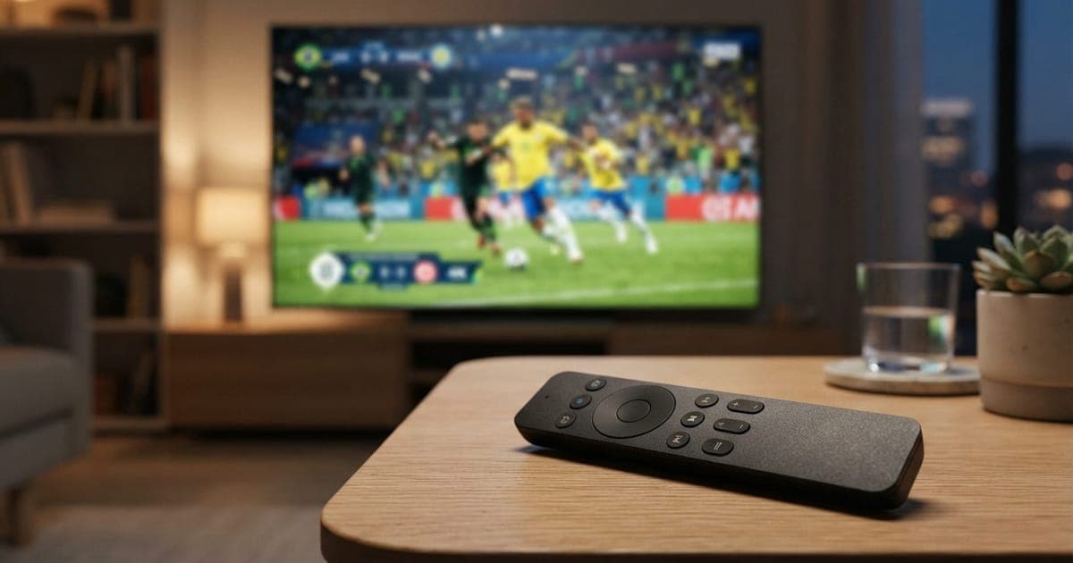 Controle remoto de TV posicionado sobre uma mesa com uma tela moderna ao fundo exibindo uma transmissão de alta definição.