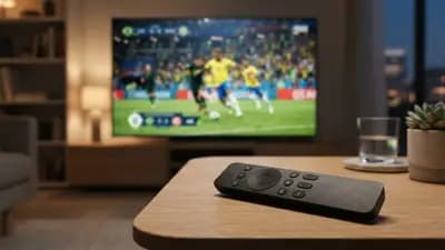 Controle remoto de TV posicionado sobre uma mesa com uma tela moderna ao fundo exibindo uma transmissão de alta definição.