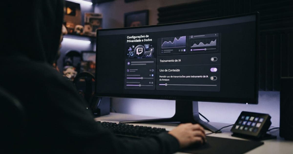 Interface do painel de controle da Twitch em um monitor exibindo configurações avançadas de privacidade e dados.