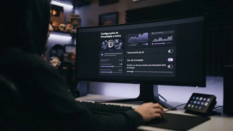 Interface do painel de controle da Twitch em um monitor exibindo configurações avançadas de privacidade e dados.
