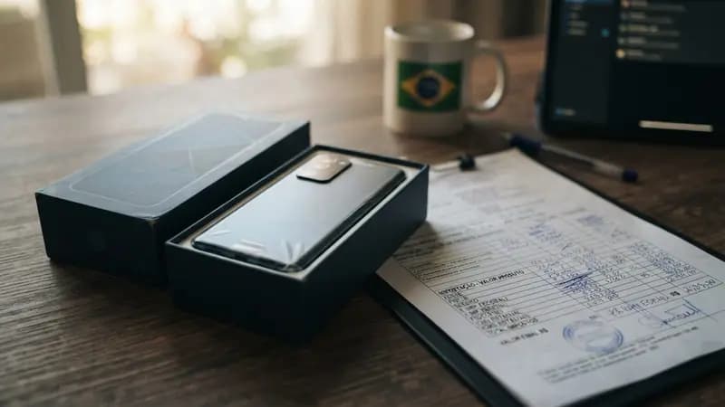 Uma caixa de smartphone importado aberta em cima de uma mesa ao lado de um documento com taxas e impostos calculados