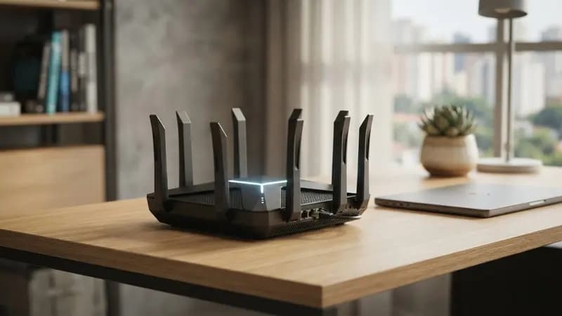 Roteador moderno de alta performance com várias antenas expostas em ambiente minimalista de escritório.