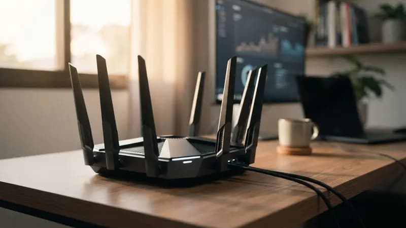 Close em um roteador moderno de alta performance com várias antenas externas sobre uma mesa de escritório limpa.