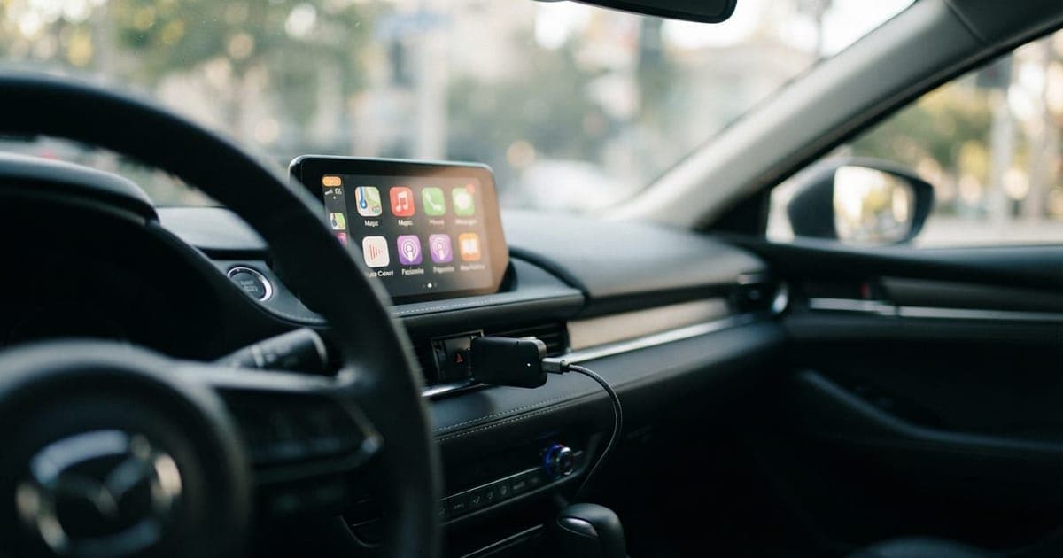 Adaptador compacto Ottocast conectado à porta USB de um painel de carro exibindo interface Apple CarPlay no visor