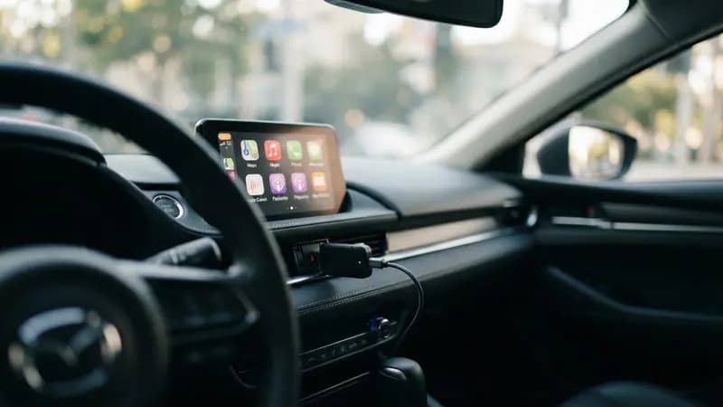 Adaptador compacto Ottocast conectado à porta USB de um painel de carro exibindo interface Apple CarPlay no visor
