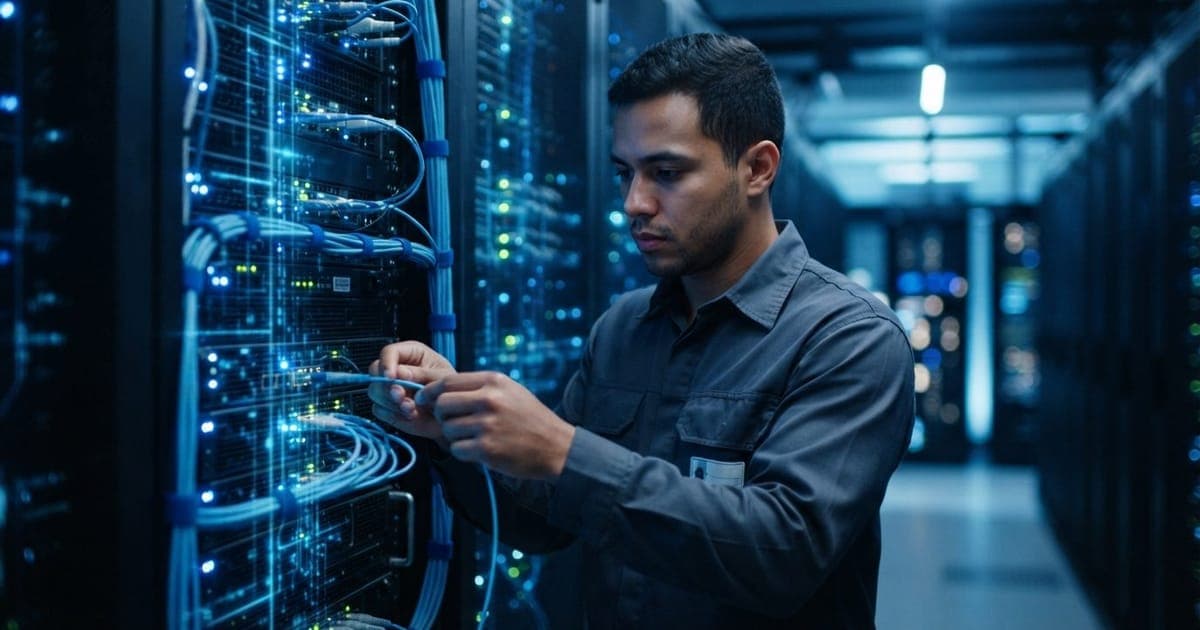 Servidor de processamento de dados com luzes azuis e conexões digitais representando a rede de inteligência artificial.