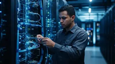 Servidor de processamento de dados com luzes azuis e conexões digitais representando a rede de inteligência artificial.