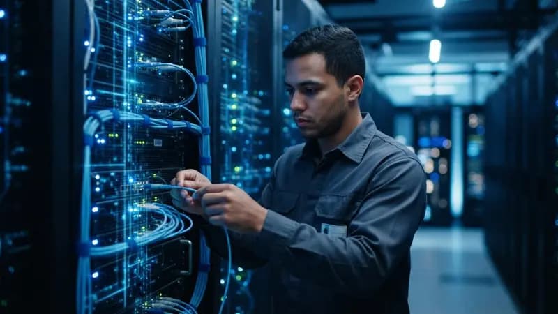 Servidor de processamento de dados com luzes azuis e conexões digitais representando a rede de inteligência artificial.