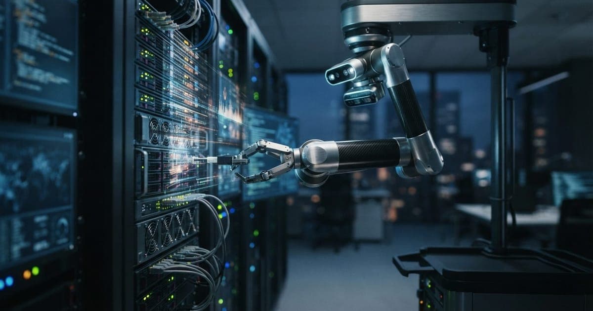 Representação digital de um robô de IA acessando linhas de código e servidores de rede em um ambiente de escritório.