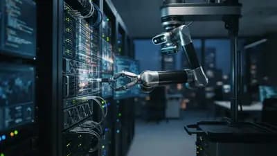 Representação digital de um robô de IA acessando linhas de código e servidores de rede em um ambiente de escritório.